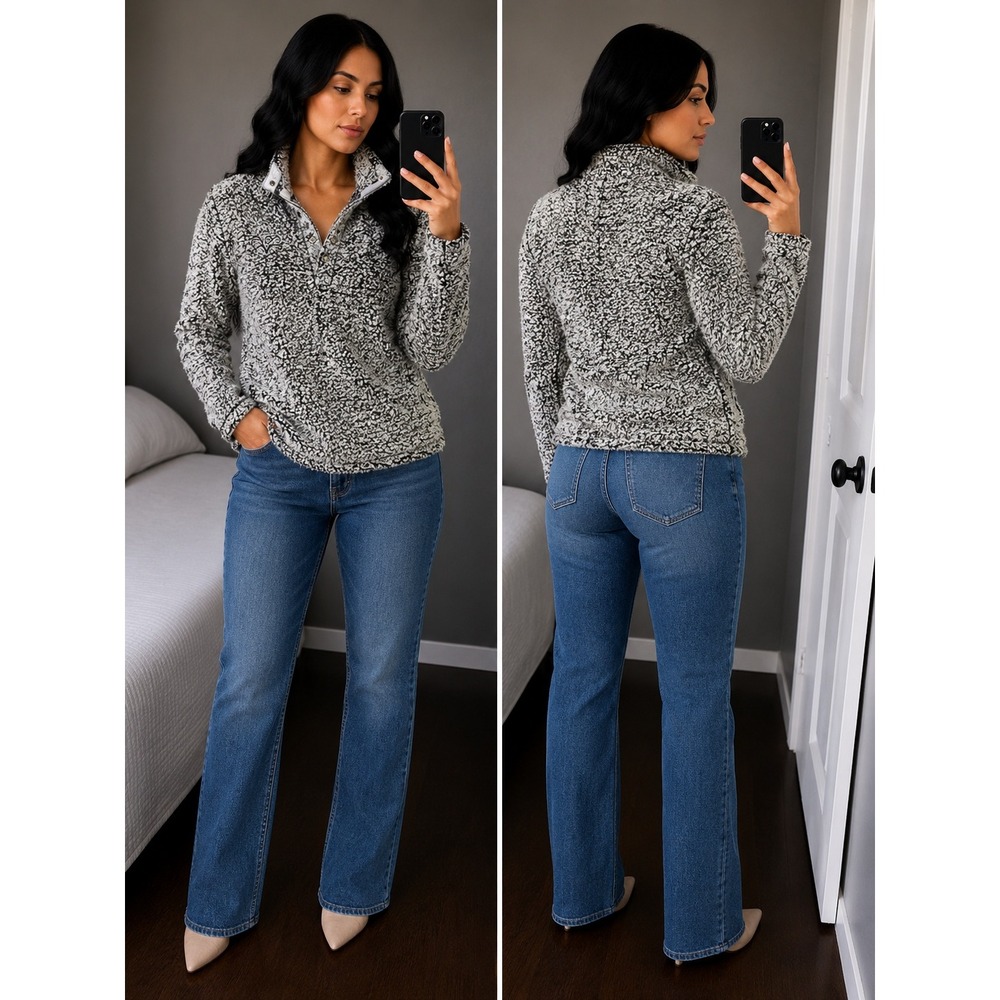Real Tree Women LG Gray Sherpa Fleece 1/4 Snap‎ Down Long Sleeve Cozy Pullover